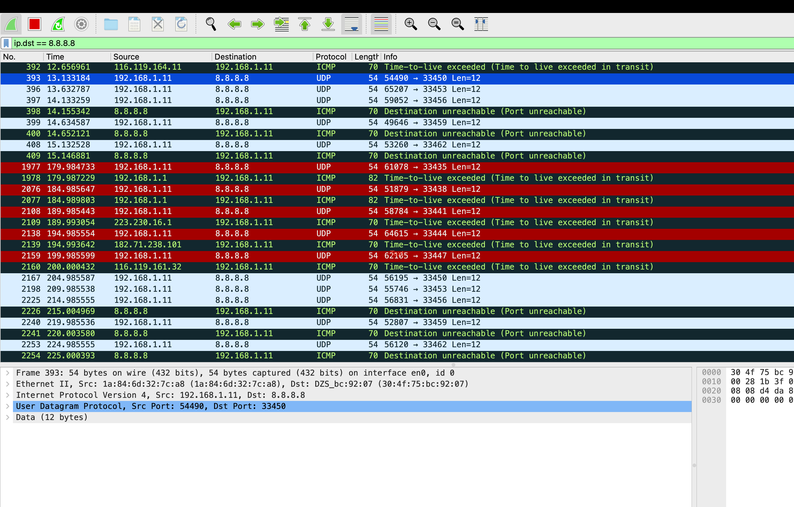 Wireshark capture showing ICMP Time Exceeded response containing the original UDP probe packet with encoded destination port